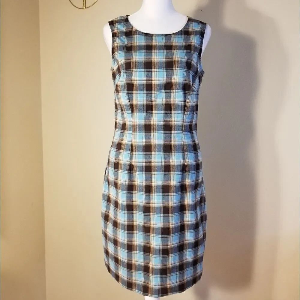 California Concepts Blue Tan Brown Plaid Sleeveless Midi Dress Juniors 5